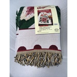 Vtg Beacon Knit Jacquard Throw Tapestry 50 x 60 Lily Stamp Blanket Made USA
